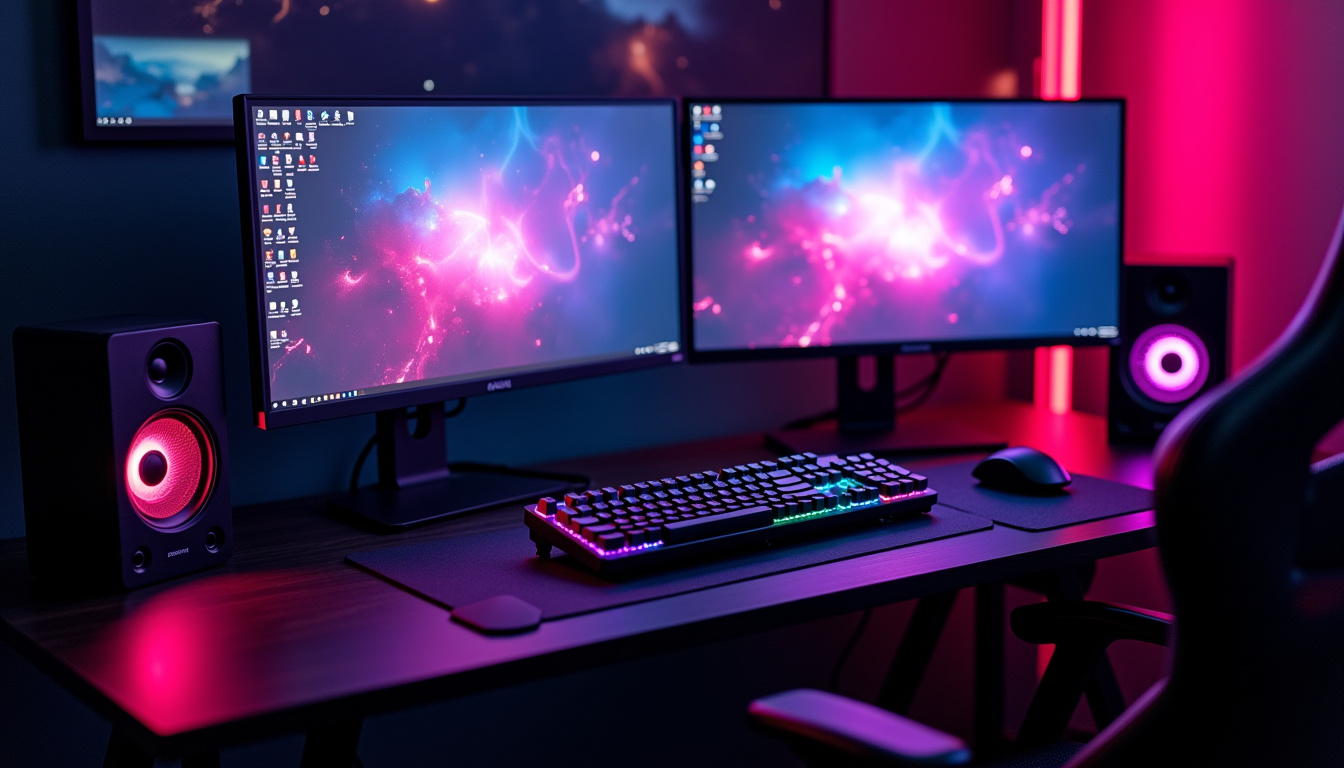 डार्क हाउस कैफे का हाई-एंड गेमिंग PC सेटअप, RGB लाइटिंग के साथ